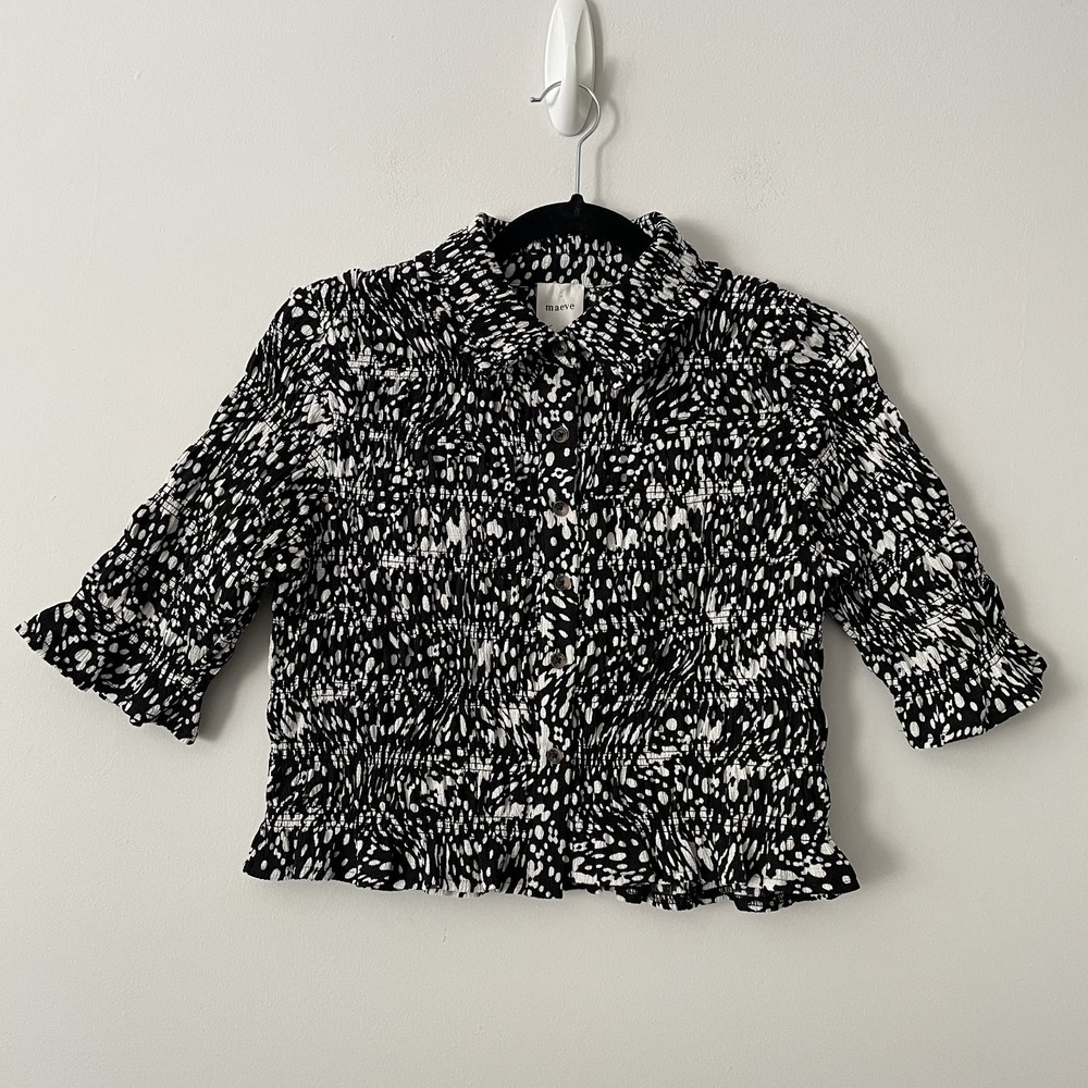 Maeve Smocked Button Front Patterned Top Size M Crop Stretch Ruffles Boho Preppy